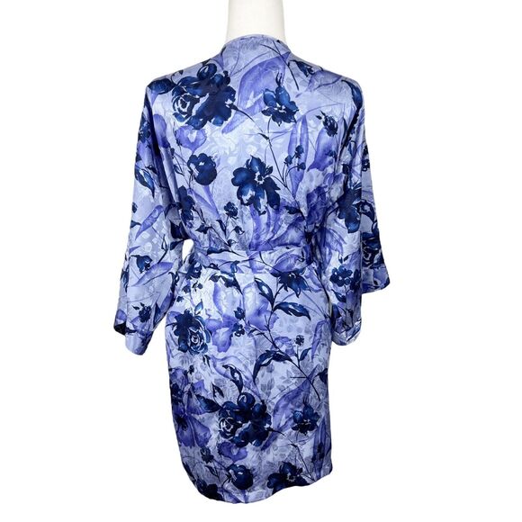 LA Intimates Robe Women Medium Blue Purple Floral Satin Belted Kimono Sleepwear - Picture 4 of 13